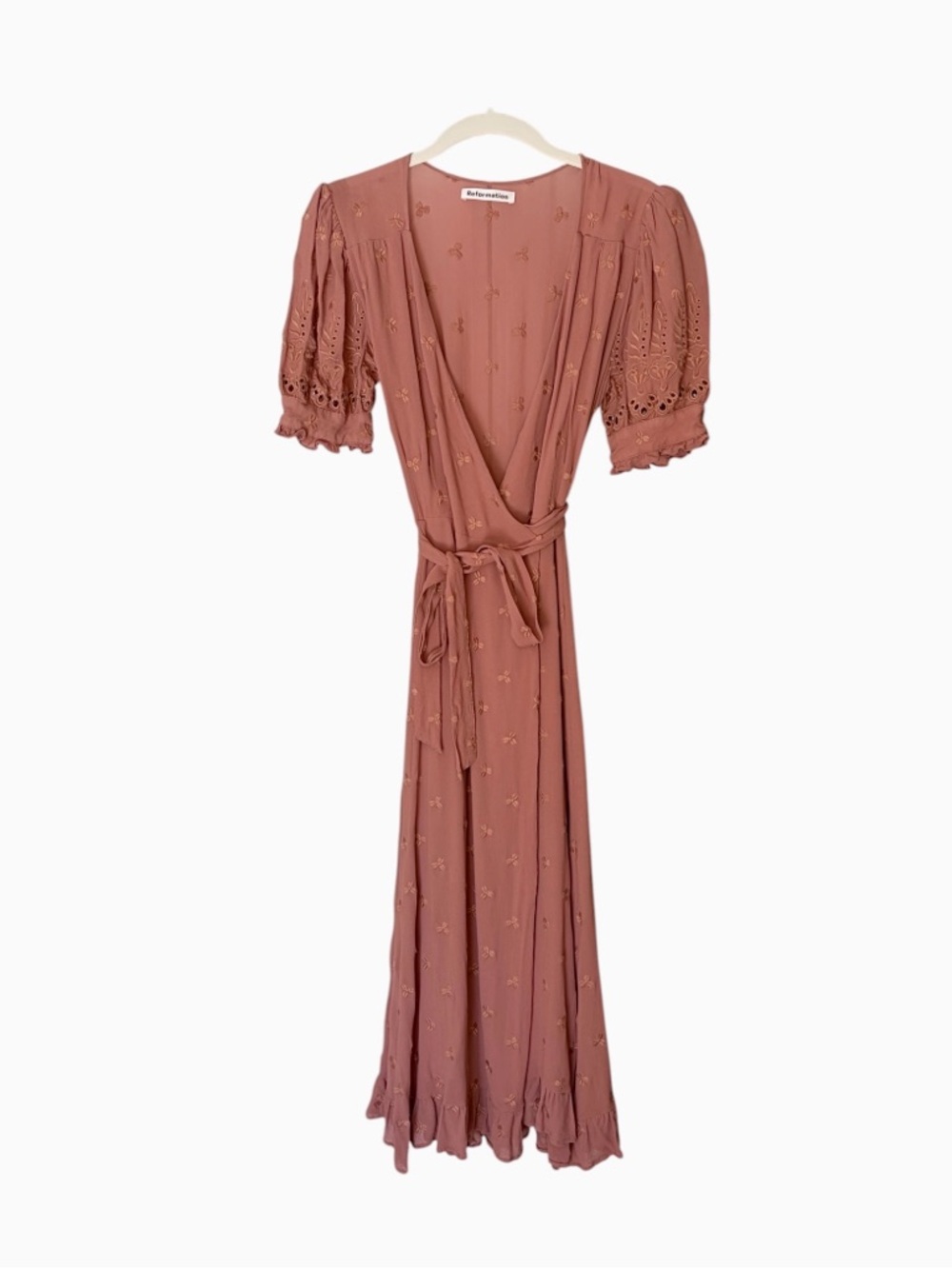 REFORMATION Annalise Wrap Dress Embroidery Rose Pink Praline S - Picture 3 of 5
